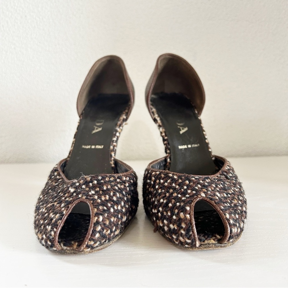 Prada Vintage Brown Tweed Peep Toe Heels Sculpted Heel Size EU 37.5 - Picture 6 of 10